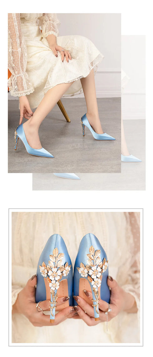 Elegant Crystal-Embellished Silk Pointed Toe Pumps for Women - Luxurious High Heels Perfect for Bridal and Evening Wear, Sexy Dress Shoes with Thin Heels
